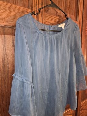 Lauren Conrad Sheer Light Blue Sparkle Bell-Sleeve Blouse